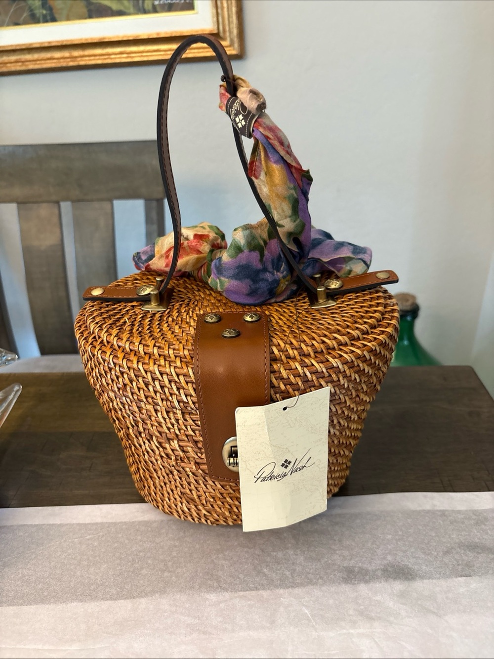 New Patricia Nash Caselle Small Wicker Basket Bag with Leather Trim and scarf - Picture 2 of 13
